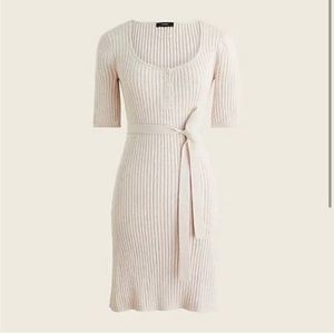 JCrew Belted Ribbed Neutral Merino Wool Scoop Neck Sweater Mini Dress